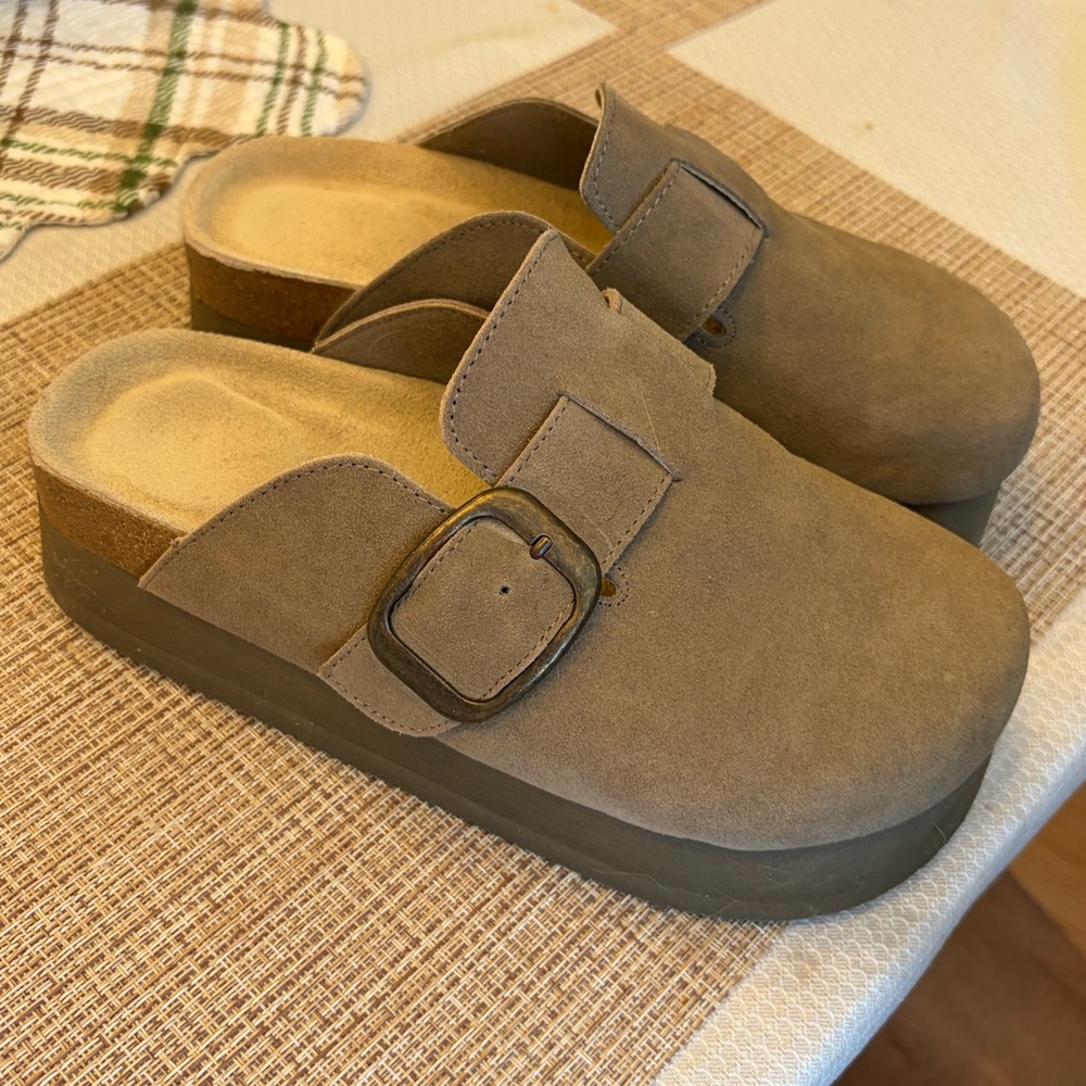 Brown Suede Buckle Clogs